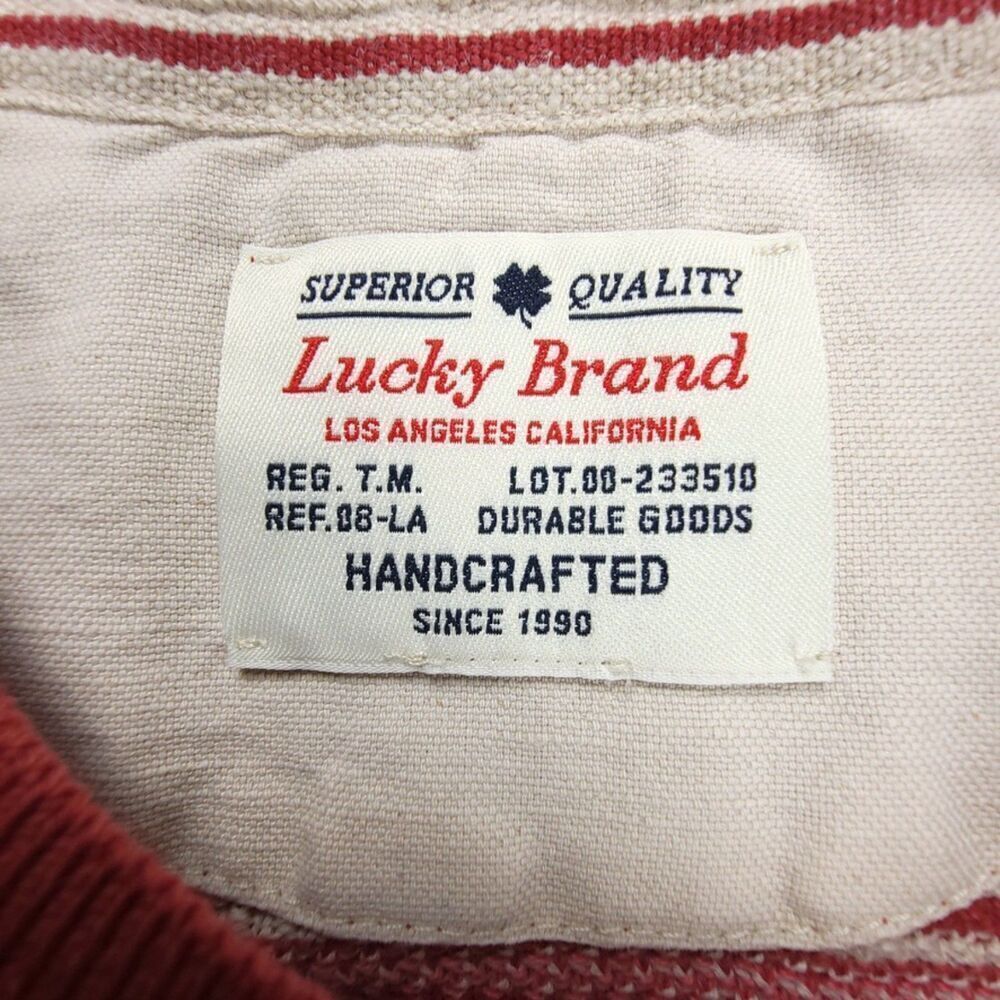 LUCKY BRAND 90s Handcrafted Knit Henley Sweater Mens Large Red Vintage‎ Stripe - Picture 2 of 9